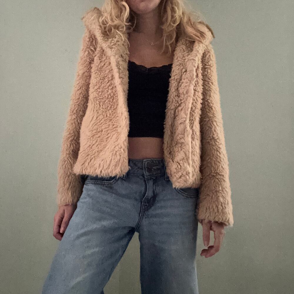Asos Faux Fur Teddy Jacket Coat Tan Size 0 Cozy Fluffy Earth Tones Warm Fall